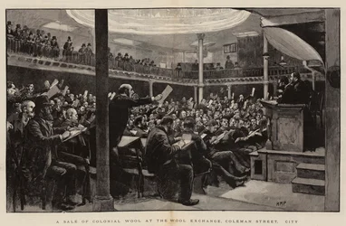 Verkauf von Kolonialwolle an der Wool Exchange, Coleman Street, City